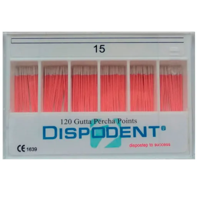 Штифты гуттаперчевые Dispodent конусность 02, №15, для обтурации корневых каналов (уп. 120 шт)